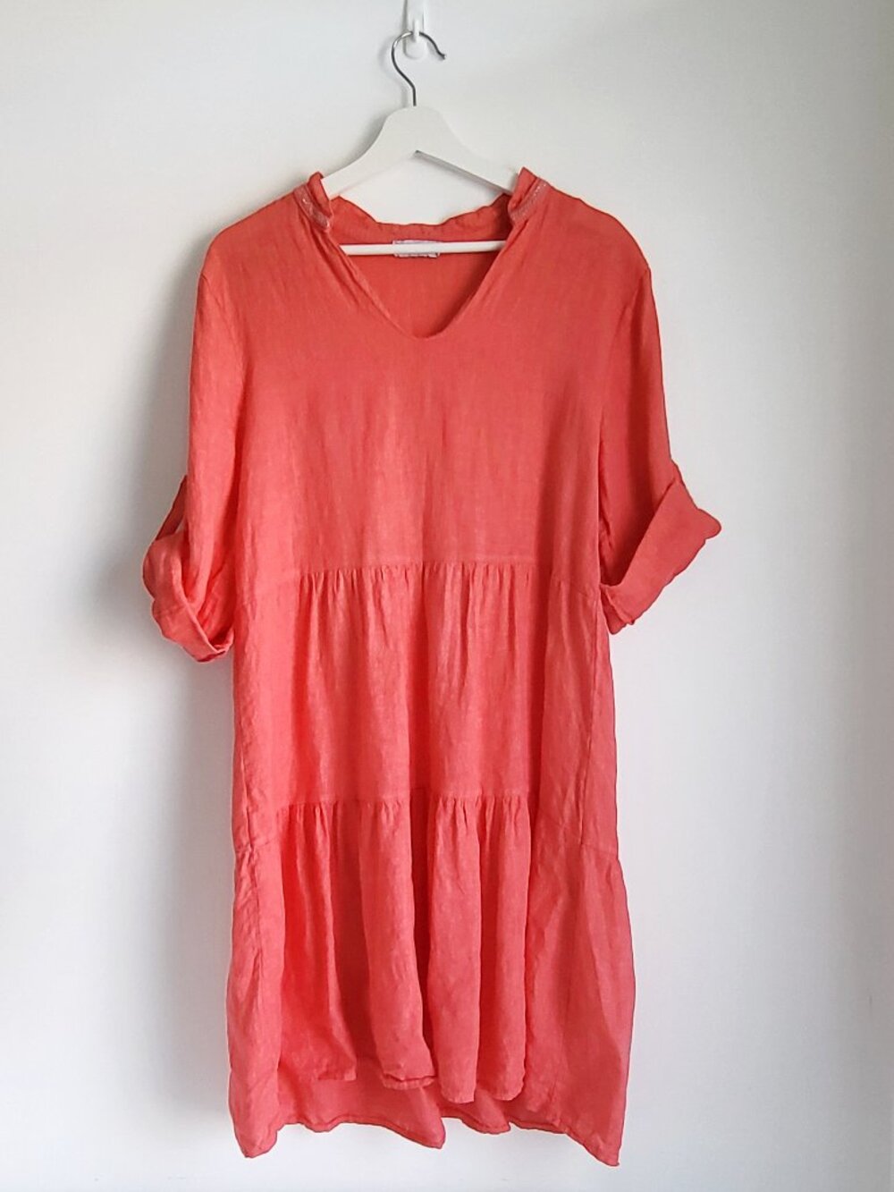 Giorgia Gianni Linen Dress Coral Pink Made in Italy Boho Tiered Shift Dress | M